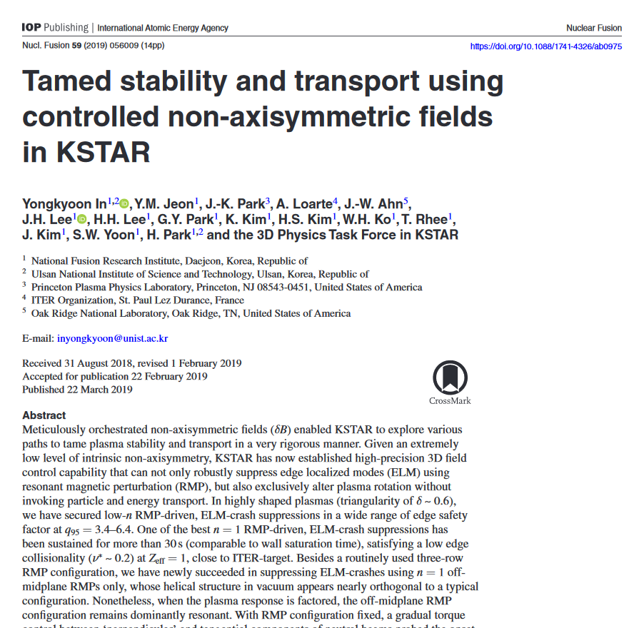 [인용균 교수] Tamed stability and transport using controlled non-axisymmetric fields in KSTAR