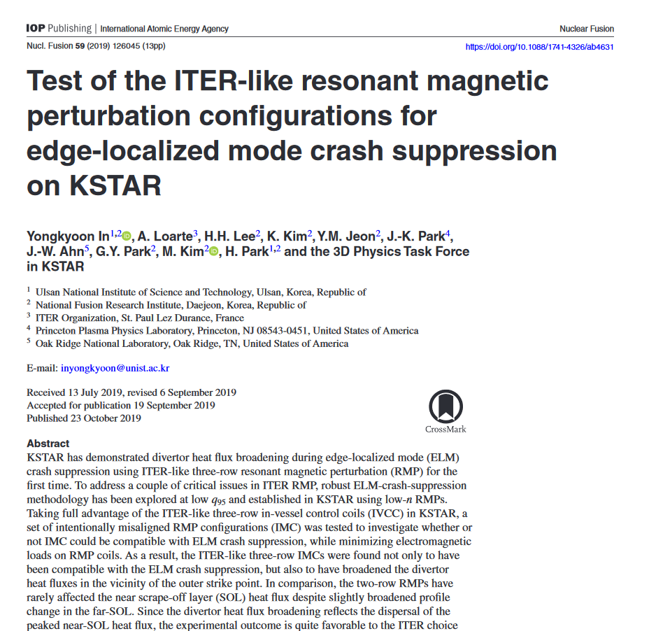 [인용균 교수] Test of the ITER-like resonant magnetic perturbation configurations for edge-localized mode crash suppression on KSTAR